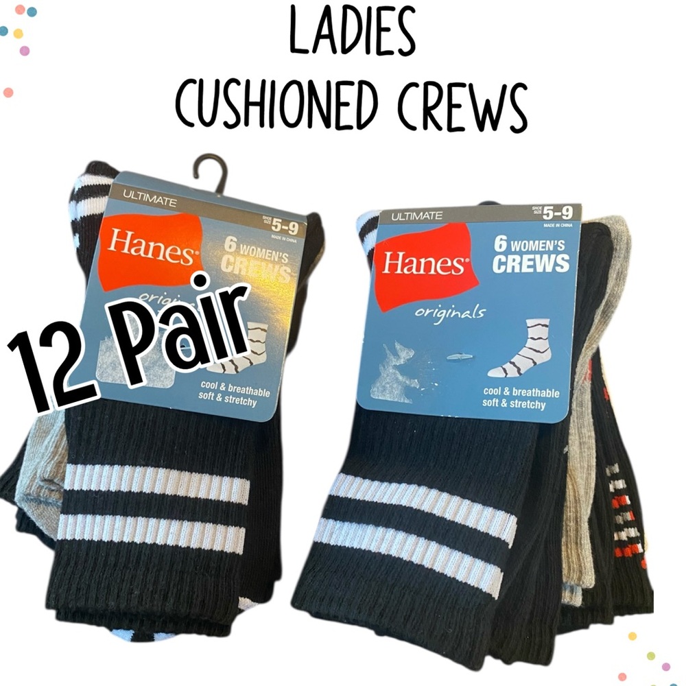 Hanes Ladies Cushioned Crew Socks - Black/White (12 Pair)